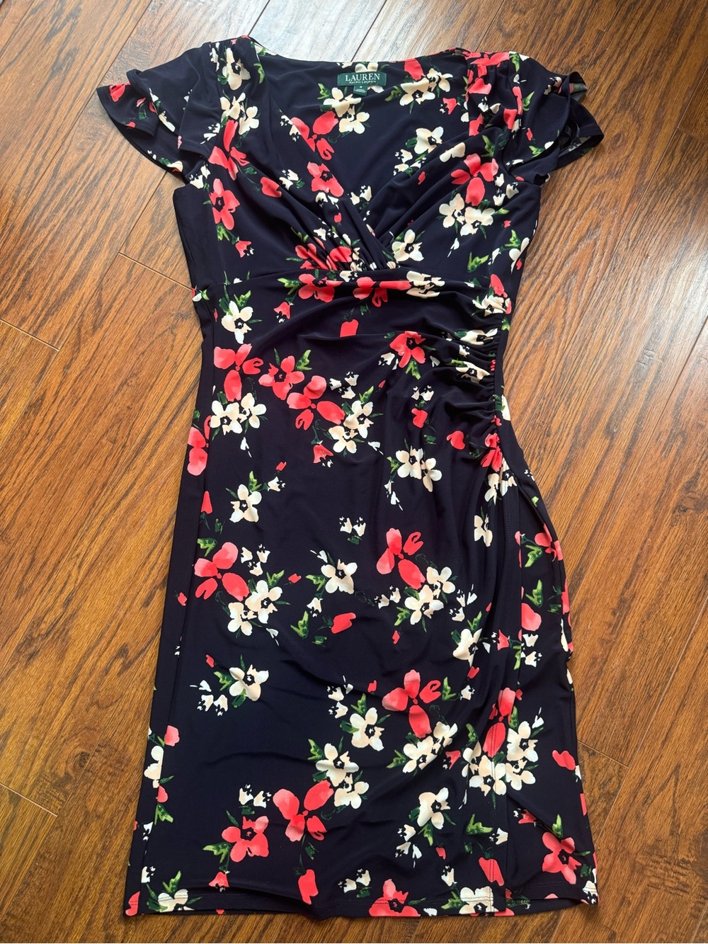 Lauren Ralph Lauren Navy Floral Wrap Midi Dress with Red & White Blooms